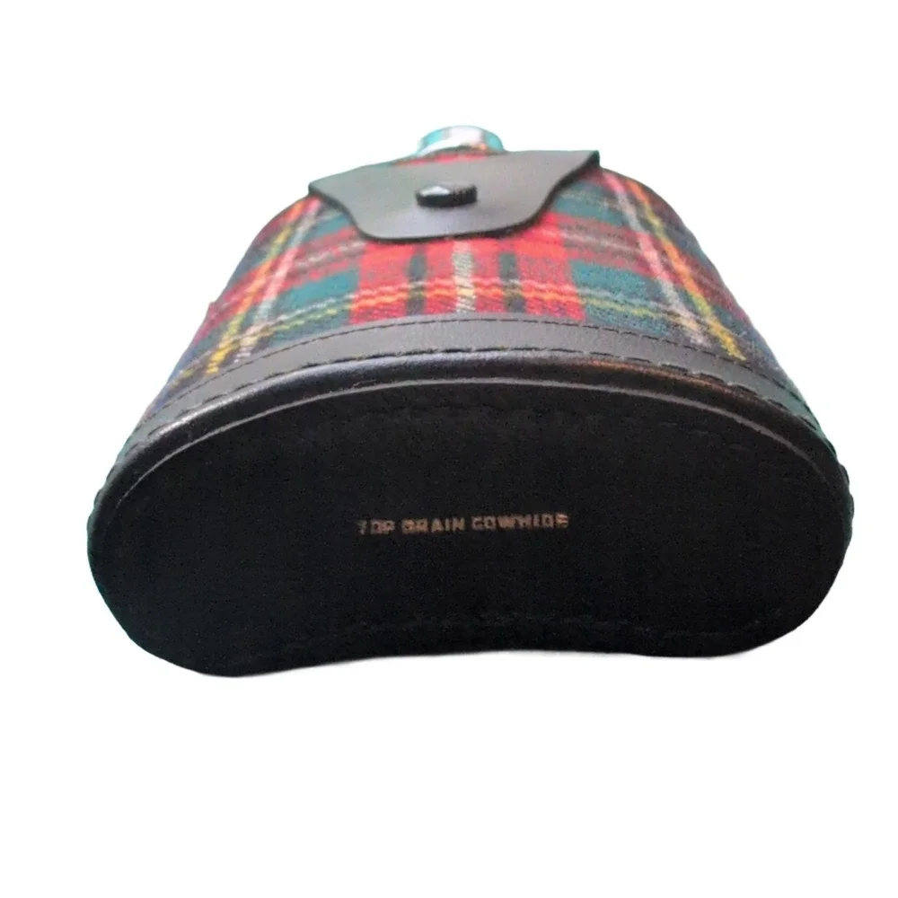 Vintage glass‎ Hip Flask Red Wool Tartan Plaid Top Grain Cow Hide Holster Flaw